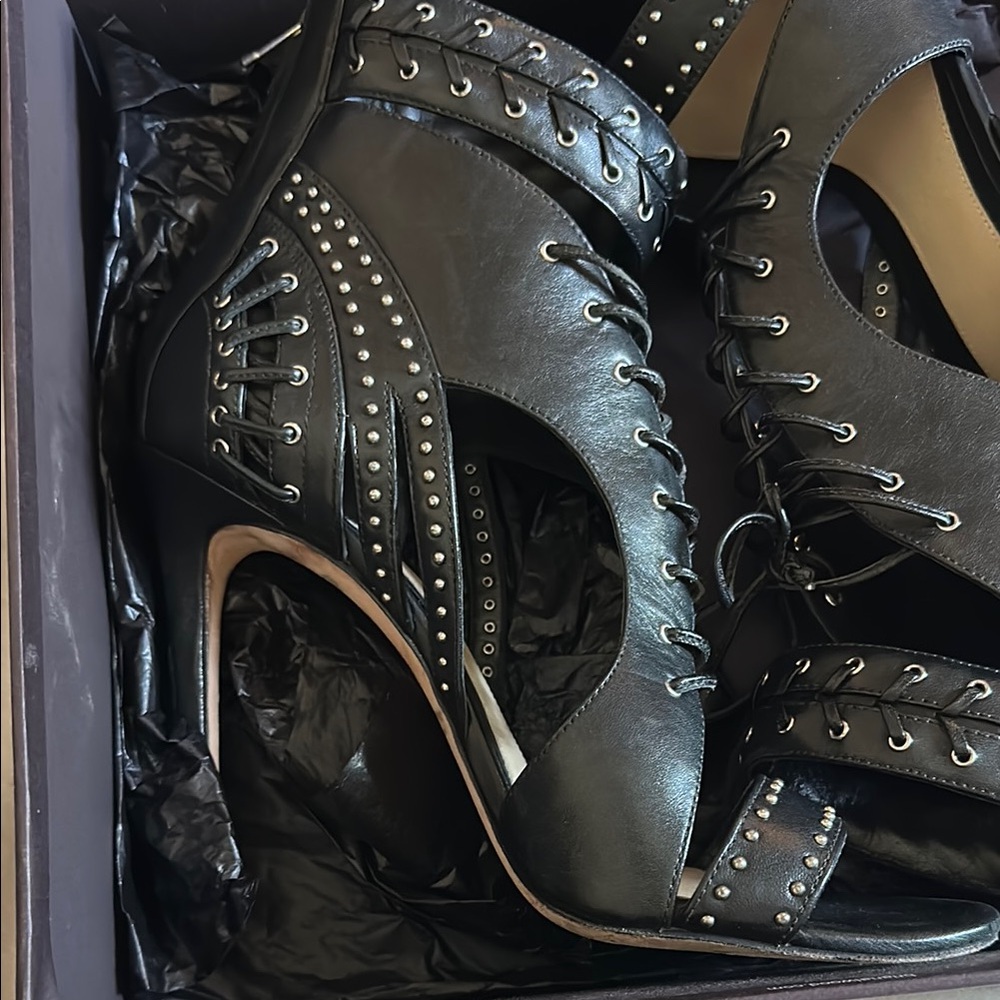 Brian Atwood Jimmy Choo Sexy Black Heels Strappy Black Leather Lace Up Size 8.5